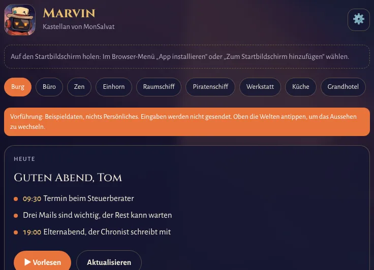 Die Oberfläche von MonSalvat: Assistent Marvin mit Tagesüberblick