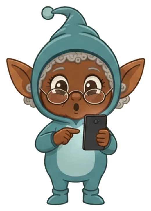 Die Oma zeigt lachend auf ihr Handy