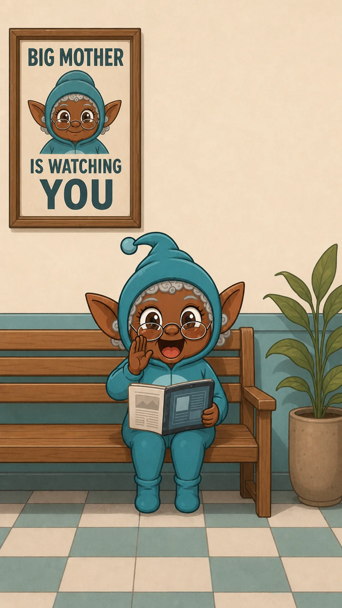 Die Oma sitzt im Wartezimmer auf der Holzbank, über ihr ein Plakat: Big Mother is watching you